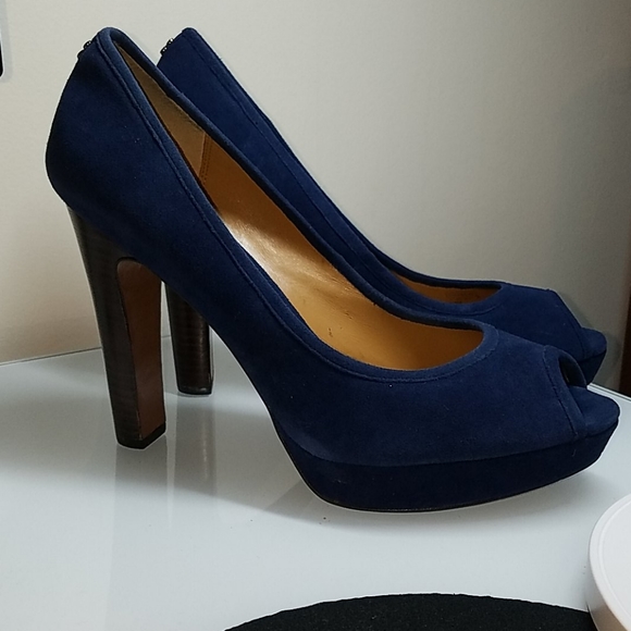 Coach Shoes - Coach Peep Toe Platform Blue Suede Heels size 11B